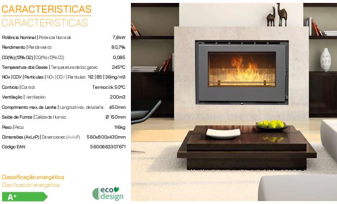 INSERTABLE CHIMENEA LEÑA CANALIZABLE ELOS 80 7,8kW METLOR