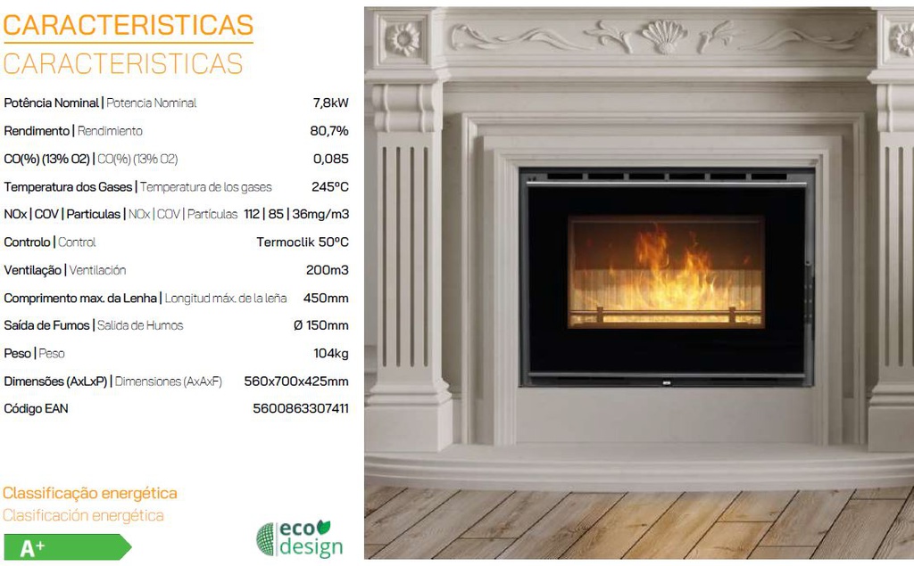 INSERTABLE CHIMENEA LEÑA CANALIZABLE CRISTAL SERIGRAFIADO ELOS 70 VITRUS 7,8kW METLOR