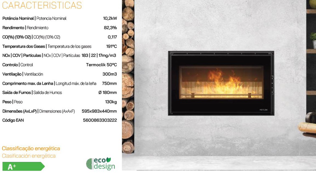 INSERTABLE CHIMENEA LEÑA CANALIZABLE CRISTAL SERIGRAFIADO ELOS 98 7,8kW VITRUS METLOR